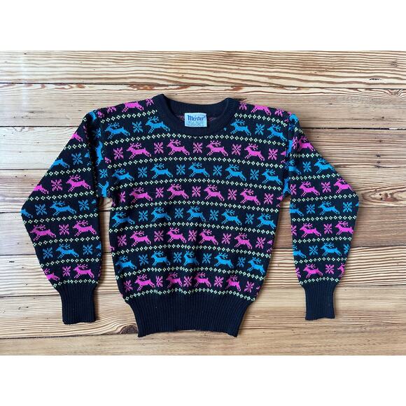 VTG 80s CHRISTMAS SWEATER Girl Meister Wool Blend Black Blue Pink Reindeer Top - Picture 1 of 6